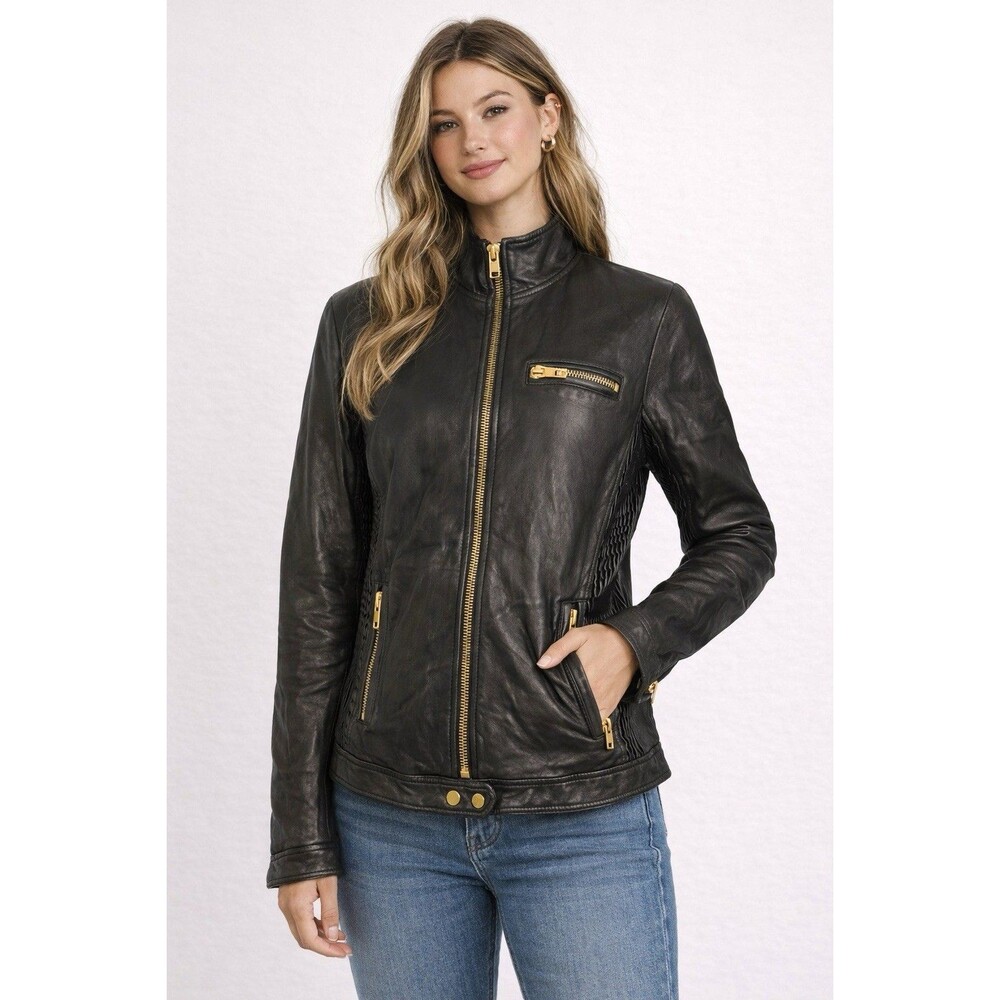 🔥 VIA SPIGA Genuine Leather Moto Jacket Gold Zips Ribbed Sides Size L GUC 🔥